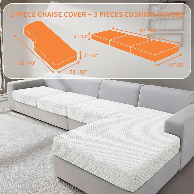 YEMYHOM Couch Cushion Covers for Sofa, Stretch Sectional Couch Seat Cushion Covers Washable Thick Furniture Protector Sofa Slipcovers for Pets (3 Seater + 1 Chaise, White) - Image 2