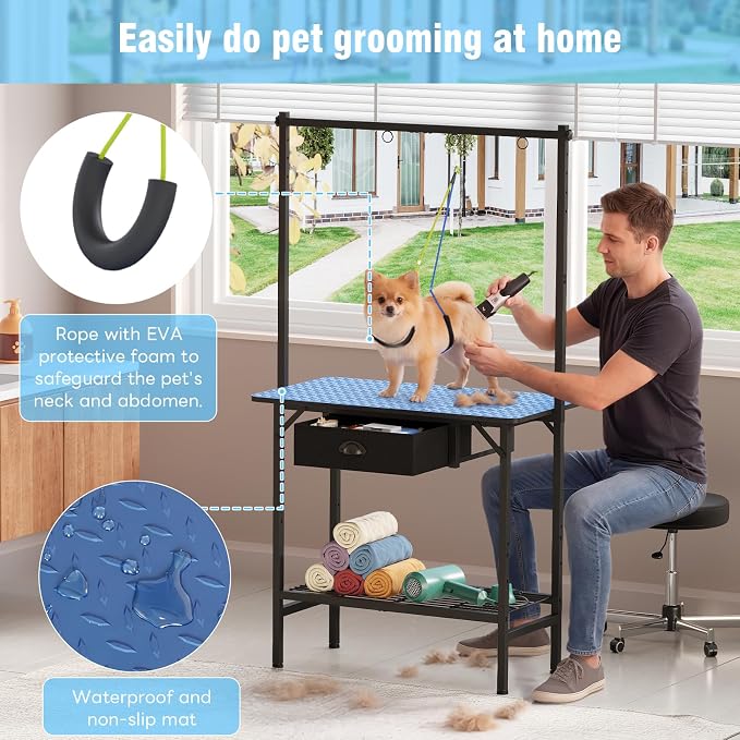 32-Inch Dog Grooming Table with Drawer & Mesh Tray,Adjustable Pet Grooming Table with Non-Slip Removable Washable Mat & EVA Protective Lanyard, Professional Grooming Table for Small Dog at Home（Blue） - Image 5