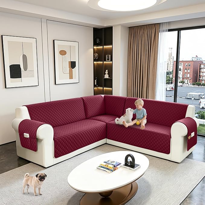 Sectional Couch Covers for Dogs 100% Waterproof Corner L Shaped Sofa Cover Pet Friendly Velvet Washable Anti Slip L Shape Modular Sofa Slipcover Protector with Pockets (Red, XX-Large) - Image 6