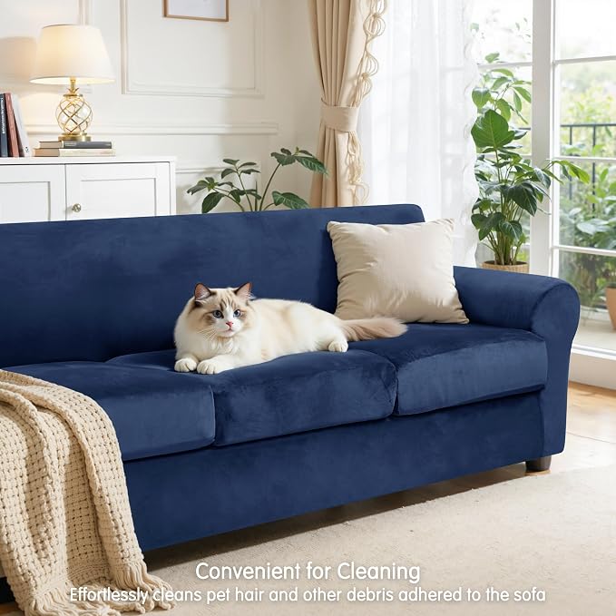 CHUN YI 4 Piece Velvet Couch Covers for 3 Cushion Couch, Water Resistant Non Slip Sofa Slipcover, High Stretch Thick Furniture Protector for Dogs Pets, Large, Navy - Image 7
