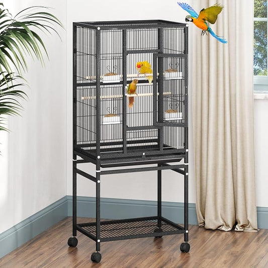 DWVO 53.9-Inch Metal Bird Cage | Large Parrot Cages with Seed Catcher & Cover - Rolling Stand with Brakes by DWVO