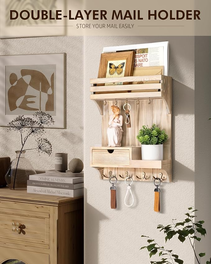 Rebee Vision Key Holder Wall Mount with Drawer for Entryway, Natural Wood | Key Holder for Wall, 9 Key Hooks, Wall Shelf, Drawer Organizer, Mail Sorter, Key Hanger Home Decor, Decorative Home Storage - Image 2