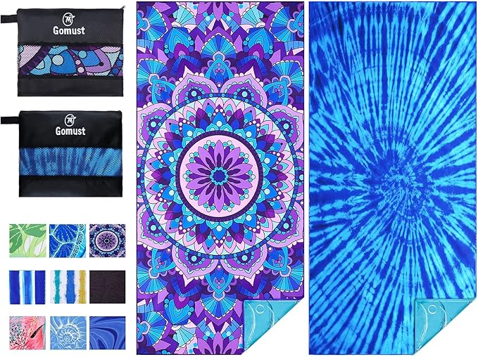 Microfiber Beach Towel Oversized 71x32, Thin, Blue with Bag 2 Pack | Lightweight Sand Free Absorbent Quick Dry Compact Extra Large for Adult Travel Camping Pool Swim Bath Cruise Essentials Gift by Gomust