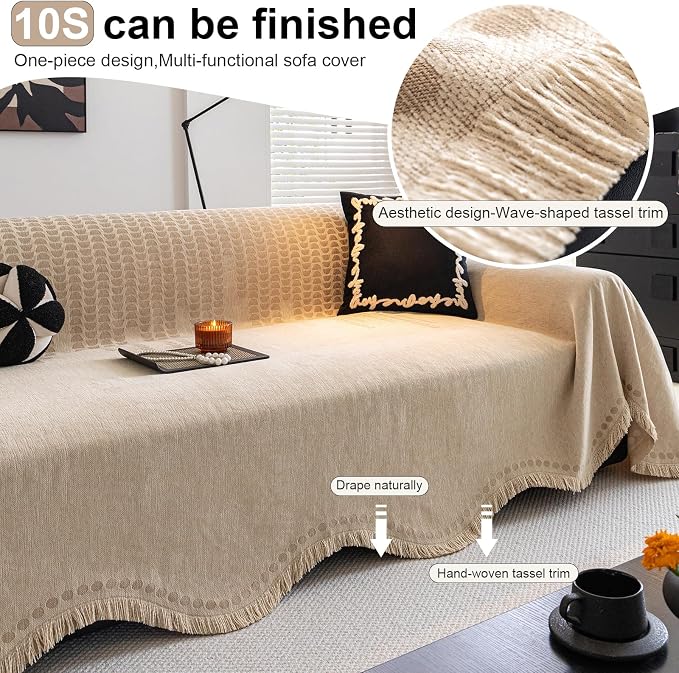 ROOMLIFE Khaki Sofa Cover, Vintage Boho Couch Cover for 3 Cushion Sofa, Non Slip Soft Chenille Sofa Slipcovers for Dog, Washable Furniture Sofa Protector Cover with Tassel for Living Room, 71''X150” - Image 5