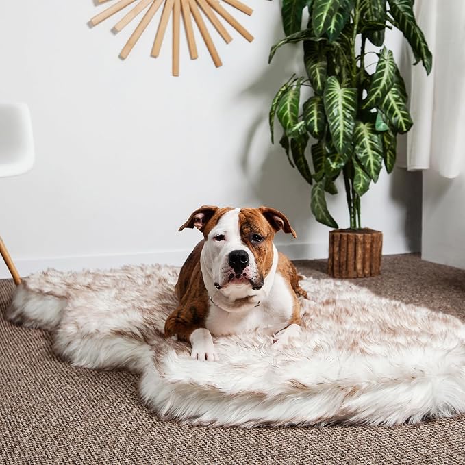 Faux Fur Orthopedic Dog Bed, Memory Foam, White w/Brown Tips 60"x35" | Plush Washable Dog Rug with Waterproof Machine Washable Cover, Calming for Anxious Senior Dogs, Relieves Joints - Image 4