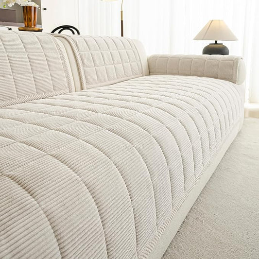 Velvet Couch Covers for Sectional Sofa Washable, Non-Slip L Shaped Sectional Couch Cover, Soft Pet Couch Covers for Sofas, Furniture Slipcovers for Single Sofa(1PC,35"x35",Beige White) by PJLZJFBY