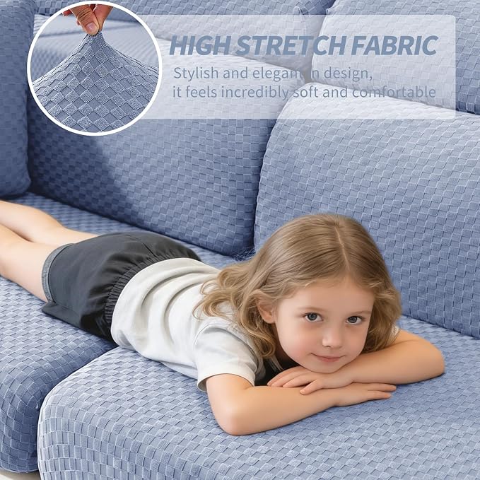 YEMYHOM Couch Cushion Covers for Sofa, Stretch Sectional Couch Seat Cushion Covers Washable Thick Furniture Protector Sofa Slipcovers for Pets (2 Seater + 1 Chaise, Light Blue) - Image 3