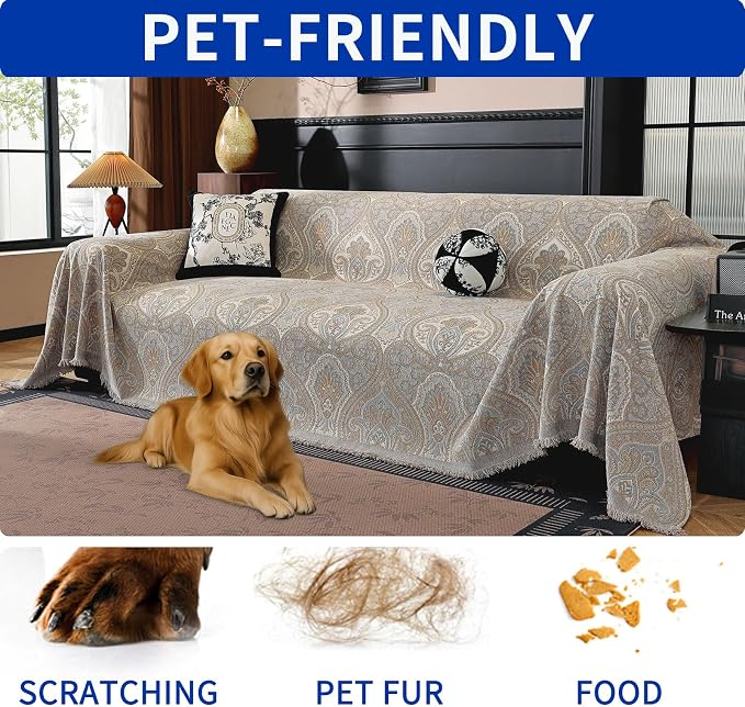 Vintage Couch Covers for Sofa Washable Sofa Covers for 3 Cushion Couch Non Slip Couch Covers for sectional Sofa Chenille Jacquard Furniture Protector for Dogs Pet Friendly Grey, 91"x134" - Image 5