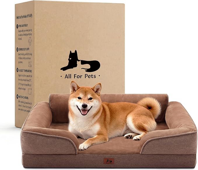 Orthopedic Dog Beds for Large Sized Dogs, Waterproof Egg-Crate Foam Pet Couch Bed with Soft Sides, Non-Slip Dog Sofa with Flannel Removable Washable Cover, 35" L Supportive Pet Sofa, Brown by WARMREST