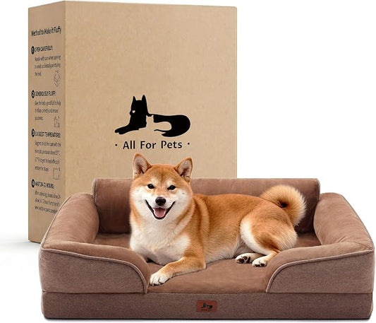 Orthopedic Dog Beds for Large Sized Dogs, Waterproof Egg-Crate Foam Pet Couch Bed with Soft Sides, Non-Slip Dog Sofa with Flannel Removable Washable Cover, 35" L Supportive Pet Sofa, Brown by WARMREST