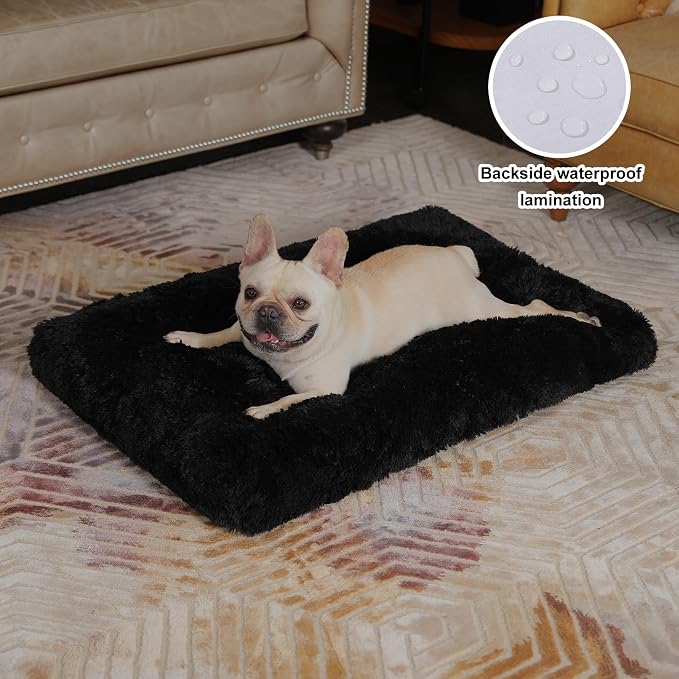 Bedfolks Waterproof Crate Pad, Plush Faux Fur Dog Bed With Removable Cover for Medium Dogs, Fluffy Washable Kennel Bed 29"x21", Black - Image 2