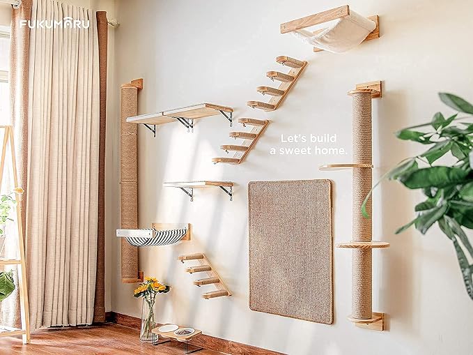 FUKUMARU Cat Activity Tree with Scratching Posts, Wall Mounted Jute Scratcher Pine Hammock | Solid Rubber Wood, Natural Jute Scratcher, Kitten Wall Furniture - Image 7
