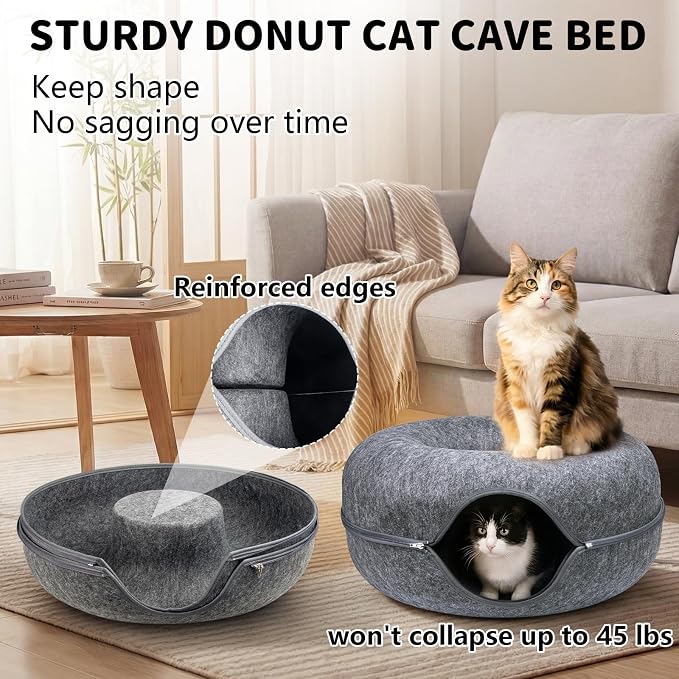 Cat Tunnel Bed for Heavy Big Cats up to 45 lbs - 24" Donut Cat Bed for Multi-Cat Home - Premium Detachable Zipper Felt Anti-Scratch Cat Cave Bed - Roomy Non-Collapsing Cat Hideaway & Peekaboo Toy - Image 3