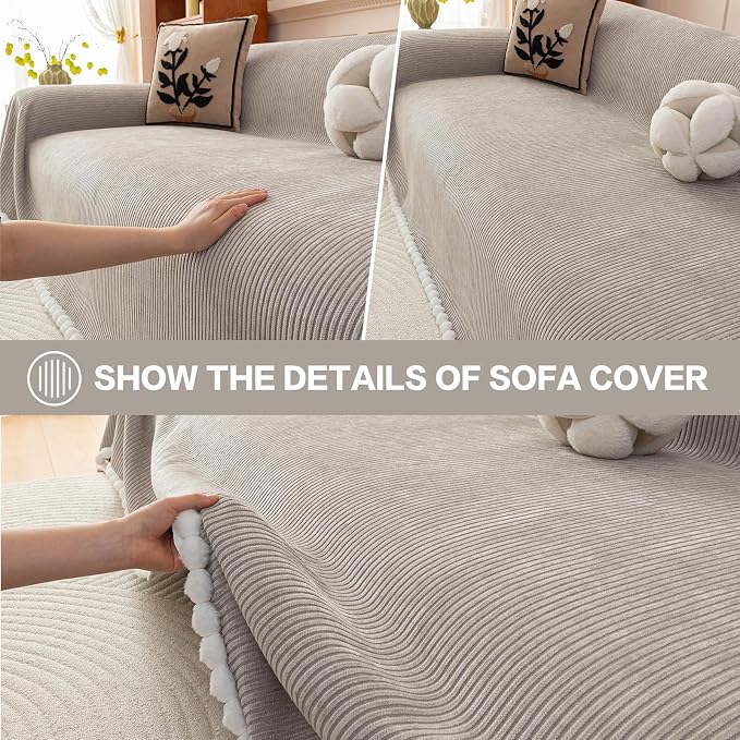 DREAMINGO Striped Chenille Couch Cover Blanket Washable Furniture Protector for Pets/Kids Farmhouse Modern Style Decorative Sofa Throw Cover for Living Room, Pom Pom Trim, Light Grey, 71"x150" - Image 4