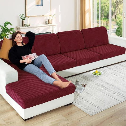 YEMYHOM 【Clearance】 Stretch Individual Cushion Covers Sofa Seat Cushion Slipcovers Soft Couch Cover Replacement Large Checkered Furniture Protector with Elastic Bottom (3 Pc Cushion Cover, Wine Red) by YEMYHOM