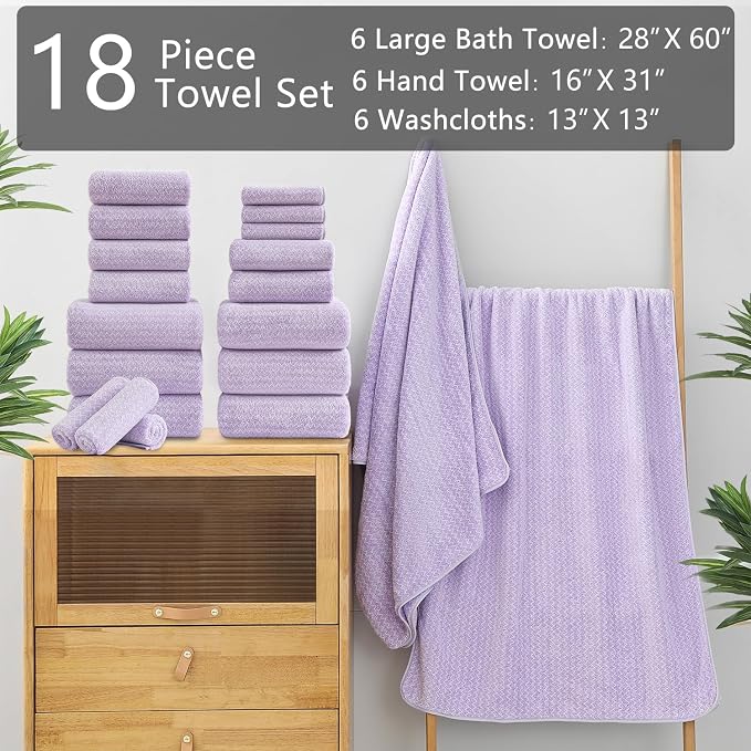 18 Piece Bath Towels Set,100% Microfiber Family Bathroom Towel with Hanging Loops-6 Bath Towels,6 Hand Towels,6 Washcloths,Quick Dry Highly Absorbent Shower Towel for Bathroom,Hotel,Spa-Light Purple - Image 2