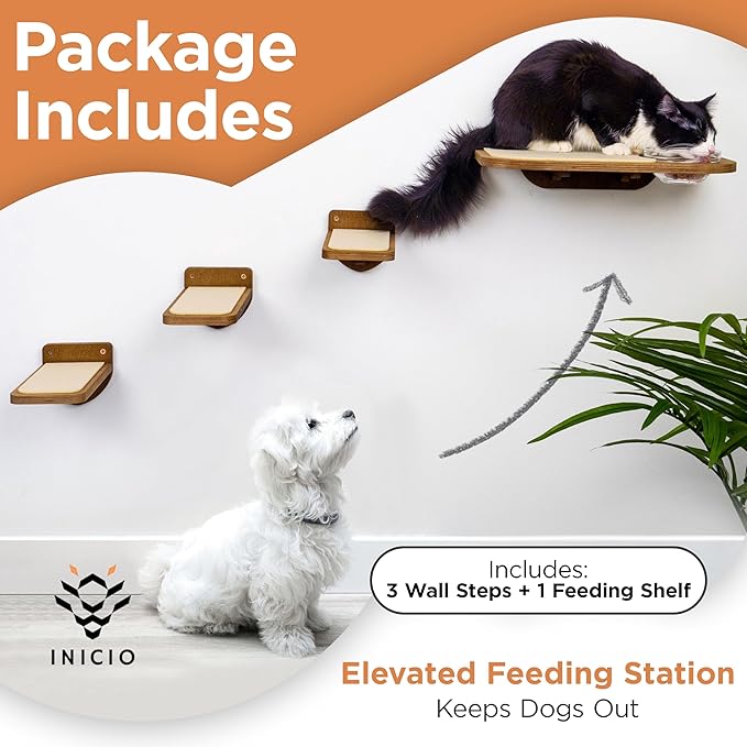 INICIO Cat Shelves - Feeding Shelf with 3 Cat Wall Steps - Natural Wood | Cat Wall Shelves with Wall Mounted Cat Food Bowls - Dog Proof Feeding Station and Convenient Feeder for Cats up to 15lbs - Image 2