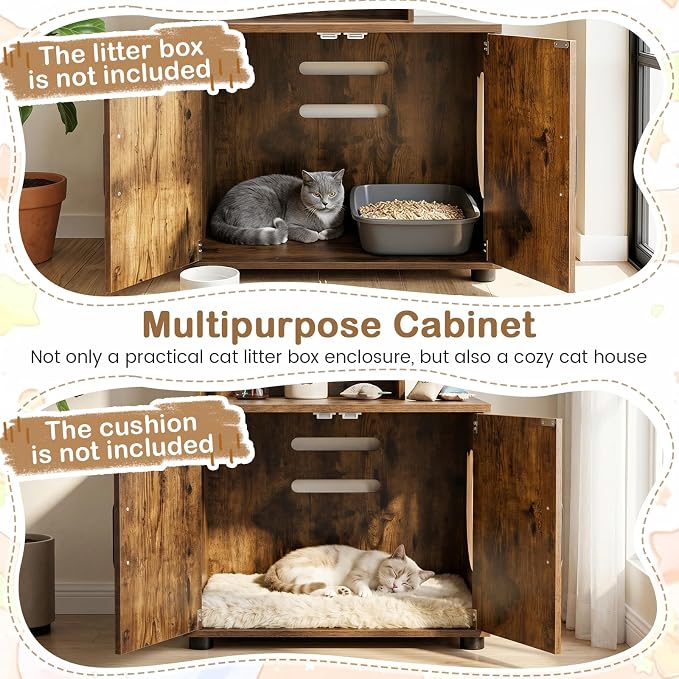 PETSITE Cat Litter Box Furniture with 3 Shelves and Doors, 56 inch Tall Cat Box Enclosure with Display Shelves and Side Entry, Indoor Hidden Litter Box with Decorative Storage Shelving (Rustic Brown) - Image 6