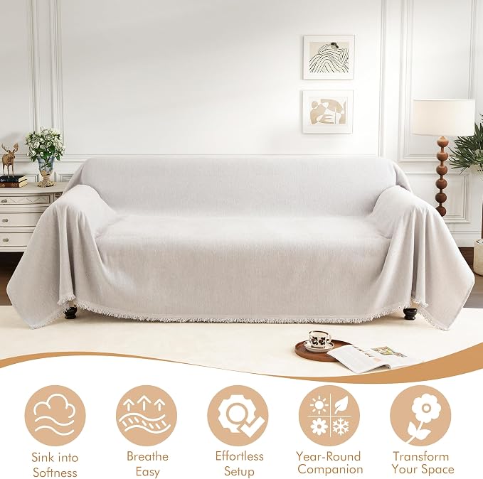 Couch Cover for 3-4 Cushion Couch Sofa Pet Friendly, Chenille Sectional L Shaped Sofa Cover Washable for Dogs Cats Kids, Furniture Protector Slipcover Decor for Living Room, 91"x150" - Image 2