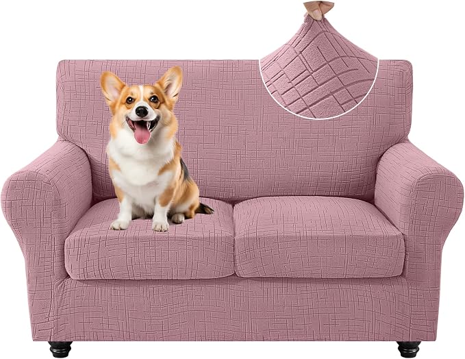CYCMCAO 3 Piece Stretch Sofa Cover Couch Covers for 2 Cushion Couch, Non Slip Loveseat Covers, Sofa Covers Washable with Elastic Bottom for Kids, Dogs (Pink), 55"-69" (2 Cushion Loveseat) by CYCMACOHOME