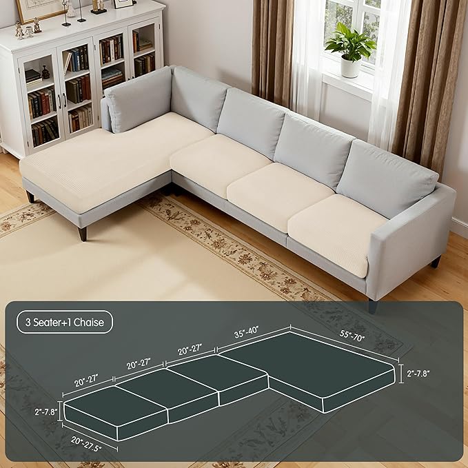 Hokway Chaise Cover and Couch Cushion Covers Set, Separate Sectional Sofa Cushion Slipcovers, Reversible Cushion Protector for L-Shaped Sofa(3 Pieces for Seater & 1 Piece for Chaise, Creamwhite) - Image 2
