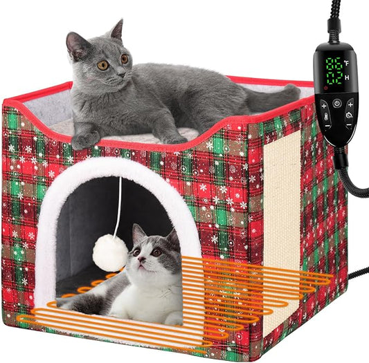 Heated Cat Bed for Indoor Cats, Foldable Cat House with Removable Heating Pad for Cats Small Dog Covered Cat Bed Cave Kitty Hideaway with with Scratch Pad, All Season Use by HXPLN
