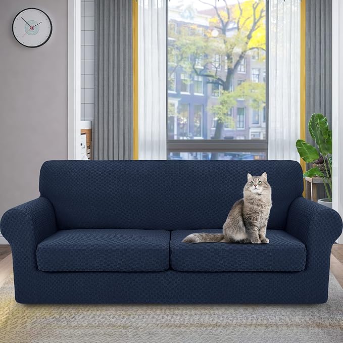 YEMYHOM Latest Checkered 3 Pieces Couch Covers for 2 Cushion Couch High Stretch Sofa Cover with 2 Extra Large Seat Cushion Covers Anti Slip Elastic Slipcovers (Navy), 71"-91"(2 Cushions) - Image 2