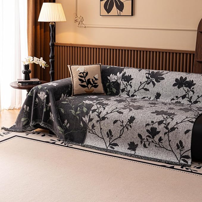 STACYPIK Luxury Floral Gray Sofa Cover for Dogs, Thick Botanical Garden Jacquard Couch Cover for 2 Cushion Couch, Washable Pet Couch Protector Slipcover for Sectional Multi-use Throw Blanket-71X118IN - Image 4