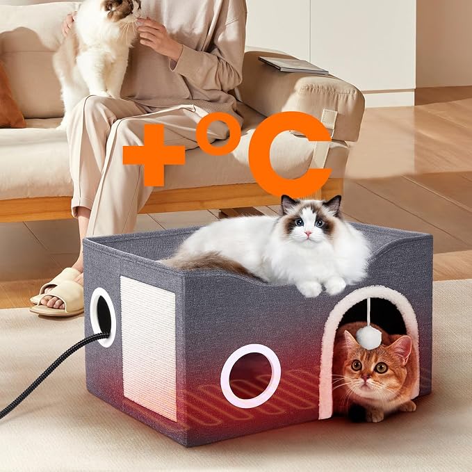 Indoor Heated Cat House, Adjustable Temperature Cat Heating Bed with Timer and Chew Resistant Cord, Large Cat House with Heating Pad for Small Medium and Large Cats - Image 8