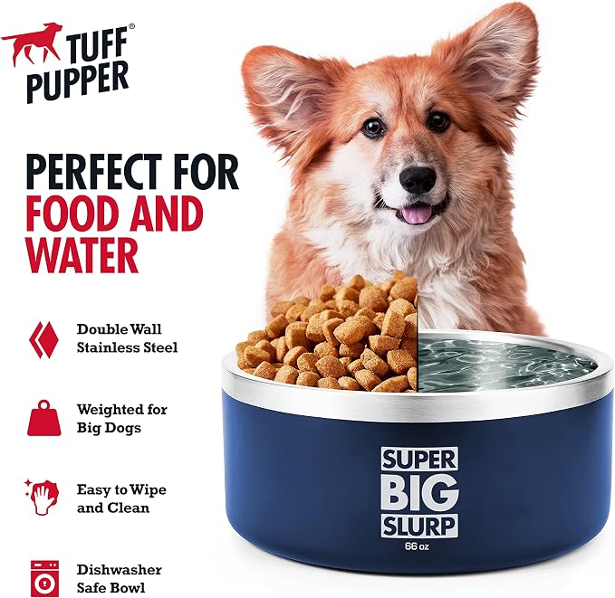 Tuff Pupper Heavy Duty Insulated Dog Bowl | Double Wall Stainless Steel Dog Food Dish | Non-Slip Spill Proof Dishwasher Safe Cat Bowl | Water Dish for Feeding Large Medium Small Pets (66oz, Blue) - Image 3