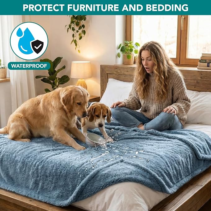 PetAmi Fluffy Waterproof Dog Blanket for Couch and Bed, Reversible Sherpa Pet Throw, Pee Proof Furniture Protector Sofa Cover, Washable Cat Blanket for Medium Large Dogs and Cats (Dusty Blue, 60x80) - Image 2