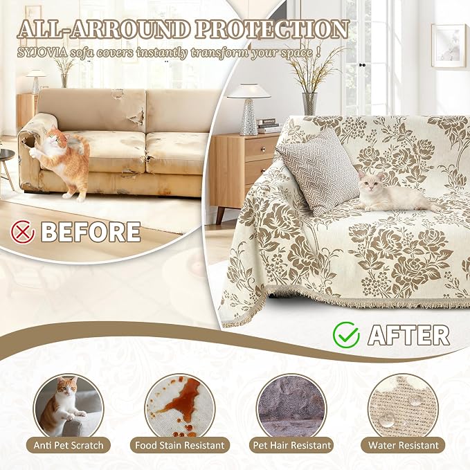 1OO% Waterproof Sectional Couch Covers for Dogs L Shaped Corner Sofa Cover Washable Chenille Sofa Slipcovers Blanket Modern Jacquard Pet Furniture Protector (91"x252", Khaki & Ivory White) - Image 5