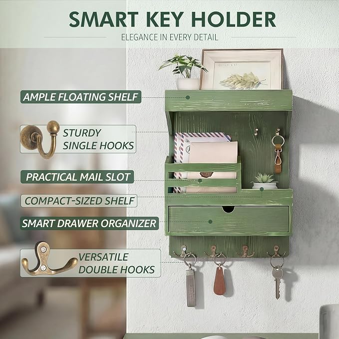 Rebee Vision Key Holder Wall Mount with 6 Key Hooks for Entryway, Green | Pine Wood, Key Holder for Wall, Floating Shelf, Plant Display, Small Drawer Organizer, Mail Sorter, Room Decor, Home Storage - Image 5