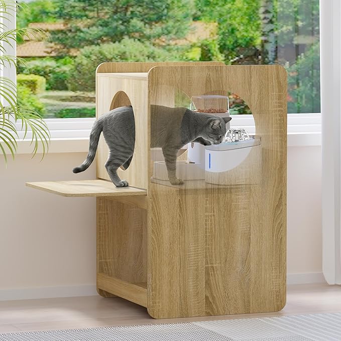 GDLF Cat Feeding Station with Water Fountain Space, Elevated Window Perch | Elevated Feeding Area, Spill-Proof Silicone Mat, Window Perch, Pull-Out Platform, Hidden Cat Storage by GDLFGoodLife