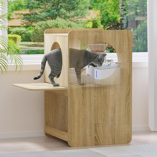 GDLF Cat Feeding Station with Water Fountain Space, Elevated Window Perch | Elevated Feeding Area, Spill-Proof Silicone Mat, Window Perch, Pull-Out Platform, Hidden Cat Storage by GDLFGoodLife