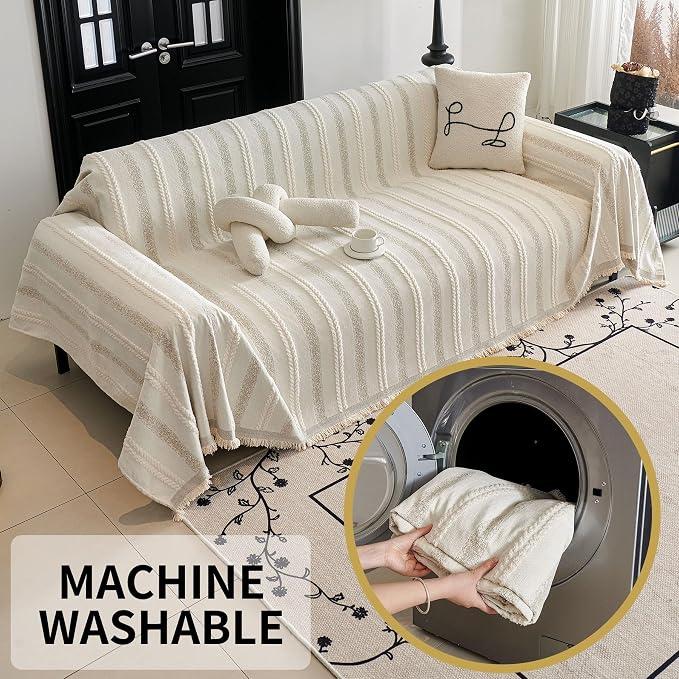 HAOMAIJIA Non Slip Couch Cover Sofa Covers for 3 Cushion Couch Washable sectional Couch Covers for Dogs pet Furniture Protector Couch Cover Blanket for Living Room (TM-Cream White, 91"x134") - Image 7