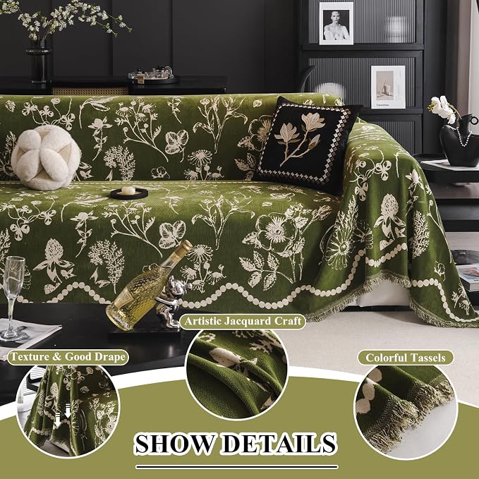 STACYPIK Green Botanical Floral Print Sofa Cover for Pets, Soft Jacquard Couch Cover for 3 Cushion Couch Washable, Tassels Couch Blanket Slipcover for Living Room, Non Silp Dog Sofa Protector-71X150IN - Image 3