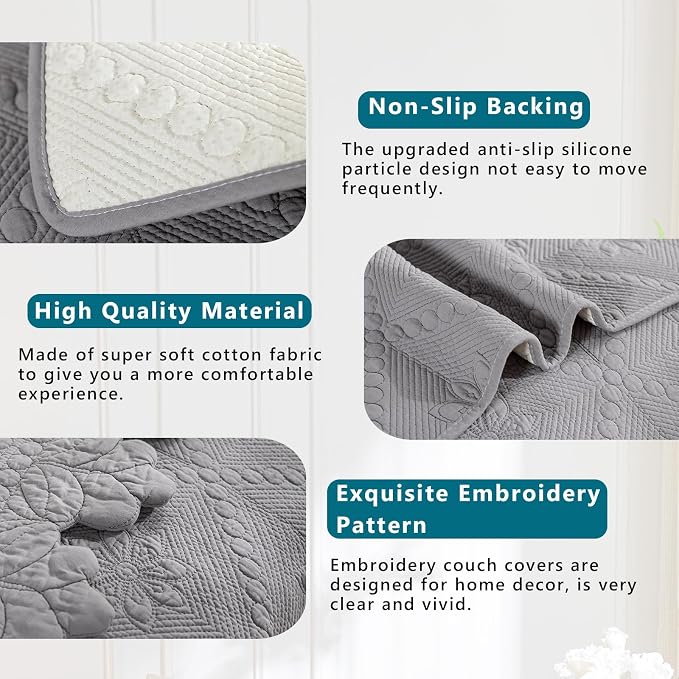 KRFOONN Cotton Quilted Dog Couch Cover for Sofa (Grey, 2PC 27.6" x 27.6") | Farmhouse Embroidery Sectional Couch Cover Washable, Soft Non Slip Sofa Slipcover Cushion Furniture Protector for Kids, Pets - Image 3