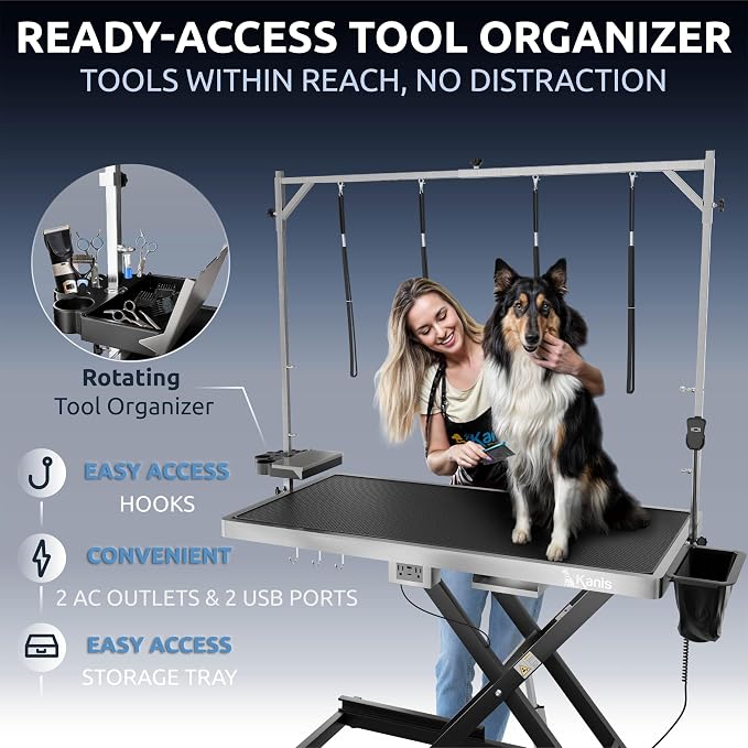 KANIS Professional Electric Dog Grooming Table - Heavy Duty | Height Adjustable Pet Grooming Table w/Leveling Wheels, Dog Grooming Arm, Anti-Slip Tabletop & Tool Organizer (Black, 49") - Image 8