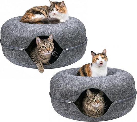 Cat Tunnel Bed for Heavy Big Cats up to 45 lbs - 24" Donut Cat Bed for Multi-Cat Home - Premium Detachable Zipper Felt Anti-Scratch Cat Cave Bed - Roomy Non-Collapsing Cat Hideaway & Peekaboo Toy by Unknown