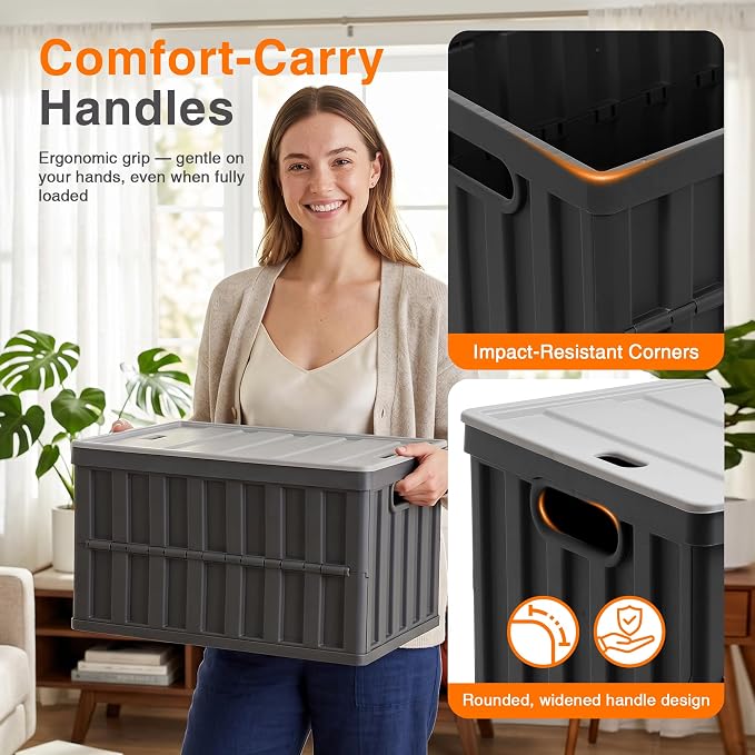 Citylife 64L Collapsible Storage Bins with Lids Plastic Storage Containers for Organizing Stackable Storage Box Large Heavy Duty Utility Crates, 2 Packs - Image 7