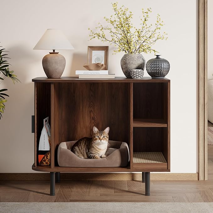 Cat Litter Box Enclosure with Scratch Pad, Large Hidden Litter Box Enclosure Furniture for self-Cleaning Litter Boxes, Sliding Door, Adjustable Shelf for Dog Proof, Modern Indoor Cat House, Walnut - Image 7