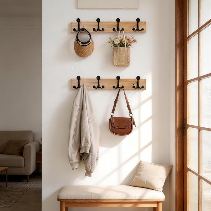 SKOLOO 24-Inch Wood Coat Rack Wall Mount with 4 Triple Hooks - Ideal for Family Entrances, Classrooms, and Pet Supplies Storage - Perfect Coat Hooks for Wall, Black on Natural - Image 3
