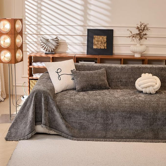 Solid Chenille Couch Cover for Dog Dark Grey Throw Style Sofa Cover | Non Slip Washable Sofa Slipcover for L-Shaped Sofa, 3-4 Cushion Couch, Lounge Chaise, Bottom Tassels, XX-Large, 71"x150" by REYOSGetCozyLife