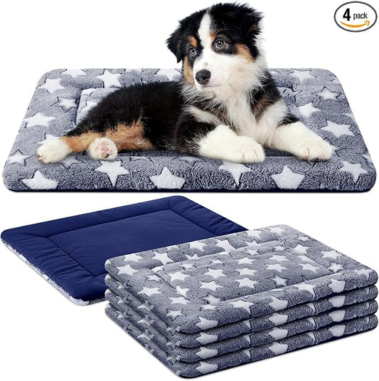 VitalCozy 4 Pcs Dog Crate Pads, Ultra Soft Warm Washable Anti-Slip Kennel Bed Mat for Pets, Reversible, Replaceable, Cage Liner for Small Medium Large Dogs and Cats(18 x 24 x 1.6 Inch,Star,Blue) by VitalCozy