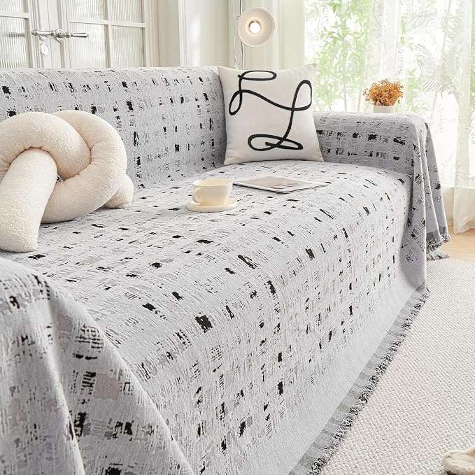 DREAMINGO Abstract Chenille Couch Cover Blanket Grey Black Boho Sofa Cover, Washable Furniture Protector, Universal Slipcover for Couch, Geometric Brushstroke Jacquard, XX-Large 71"x150" - Image 7