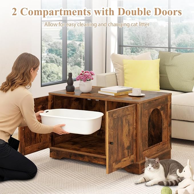 Tangkula Cat Litter Box Enclosure, Wooden Kitty Washroom Cabinet w/Winding Entry & Cat Hole, with Divider, Hidden Double Enclosed Litter Box Furniture for Living Room, Bedroom, Entryway (Rustic Brown) - Image 5