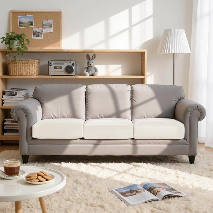 CHUN YI Velvet Couch Cushion Covers, 3PC Water Resistant Sofa Cushion Covers, Individual Seat Cushion Protector Slipcovers for Kids Pets (3 Pack, Ivory White) - Image 3