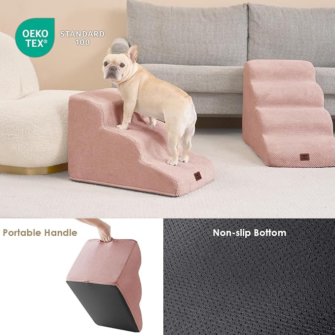 EHEYCIGA Curved Dog Stairs Ramp for Small Dogs 15.7" H, 3-Step Dog Steps for Couch Sofa and Chair, Pet Stairs for Cats, Non-Slip Balanced Pet Steps Indoor, Dusty Pink - Image 5