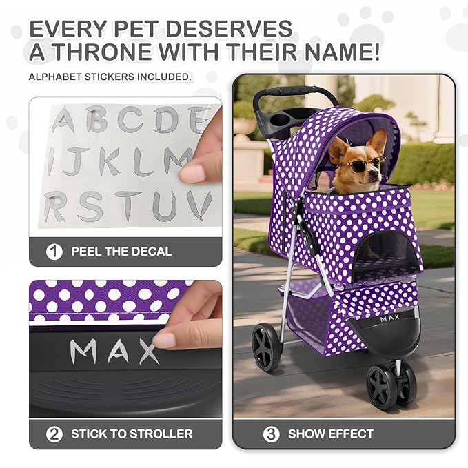 MoNiBloom 3 Wheels Pet Dog Cat Stroller for Small Medium Dogs Cats, Foldable Jogger Stroller w/Storage Basket and Cup Holder, Purple Polka Dots